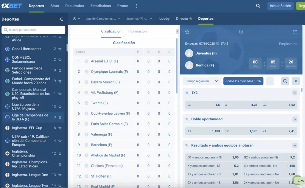 Vecchio esempio dell'offerta scommesse sulla piattaforma internazionale 1xBet