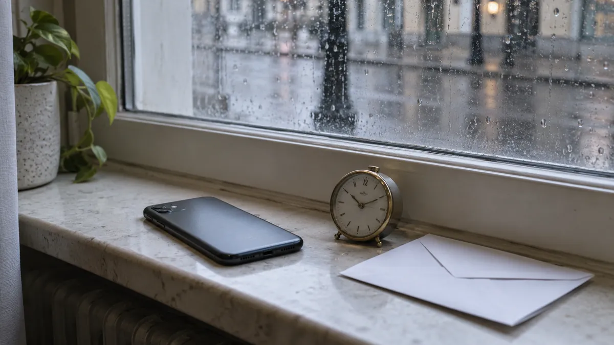 Telefono, orologio e busta su un davanzale al mattino