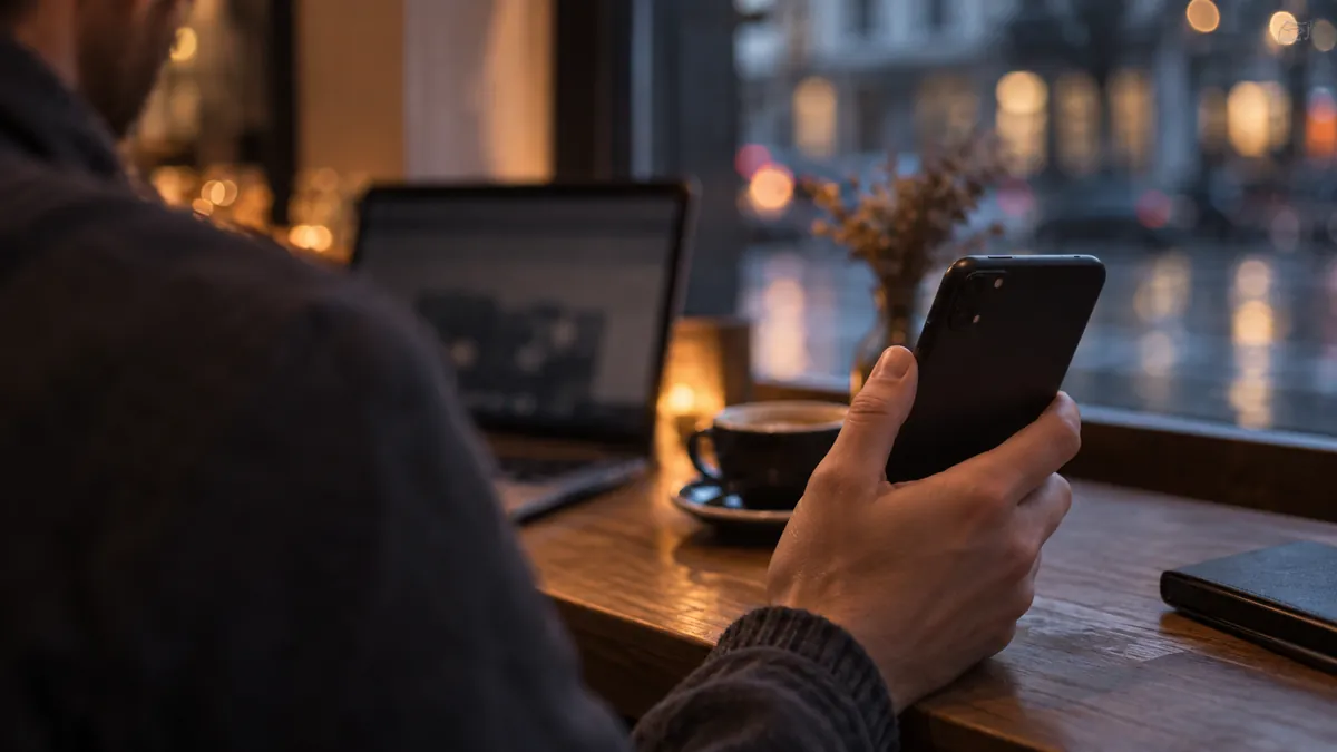 Mano che regge un telefono vicino alla finestra di un bar