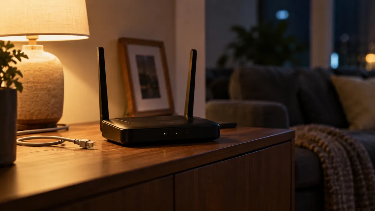 Router e cavo di rete in un ambiente domestico di sera